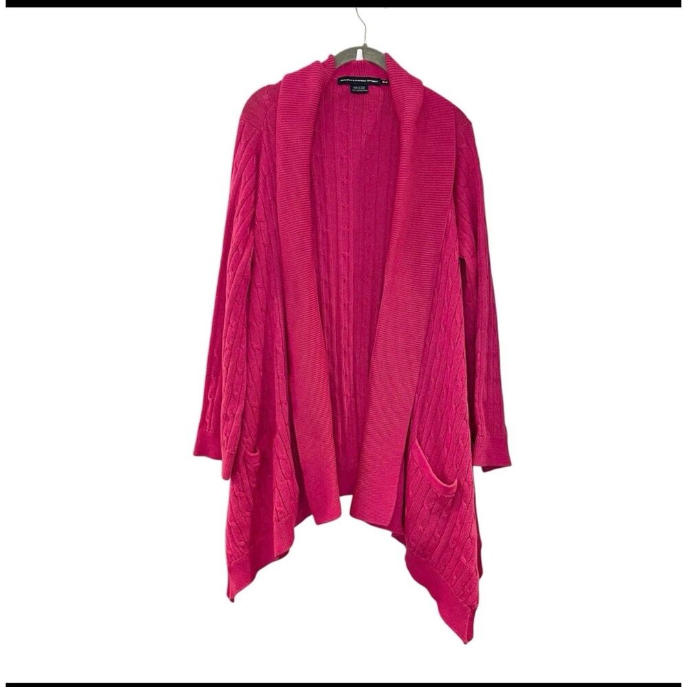 Ralph Lauren Cardigan Pink Cable Knit Open Front Sweater Pocket Asymmetric, XL